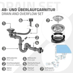 Einbauspüle 50x40 cm Silber mit Ablaufgarnitur und Überlauf aus Edelstahl ML-Design