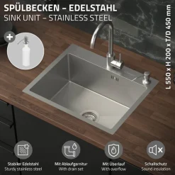 Einbauspüle 55x45 cm Silber mit Ablaufgarnitur und Seifenspender Küchenspüle aus Edelstahl ML-Design