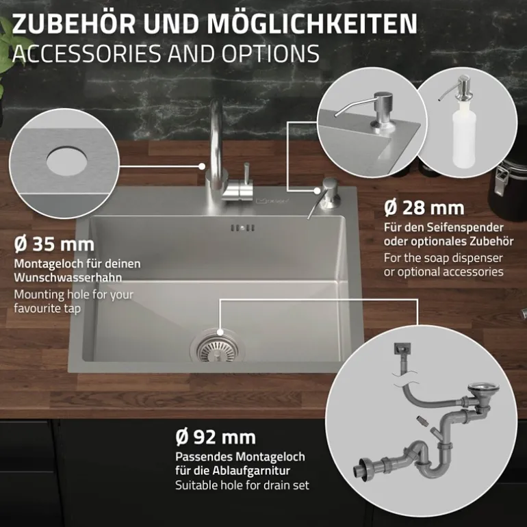 Einbauspüle 55x45 cm Silber mit Ablaufgarnitur und Seifenspender Küchenspüle aus Edelstahl ML-Design