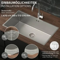 Einbauspüle 70x40 cm Silber mit Ablaufgarnitur und Überlauf aus Edelstahl ML-Design