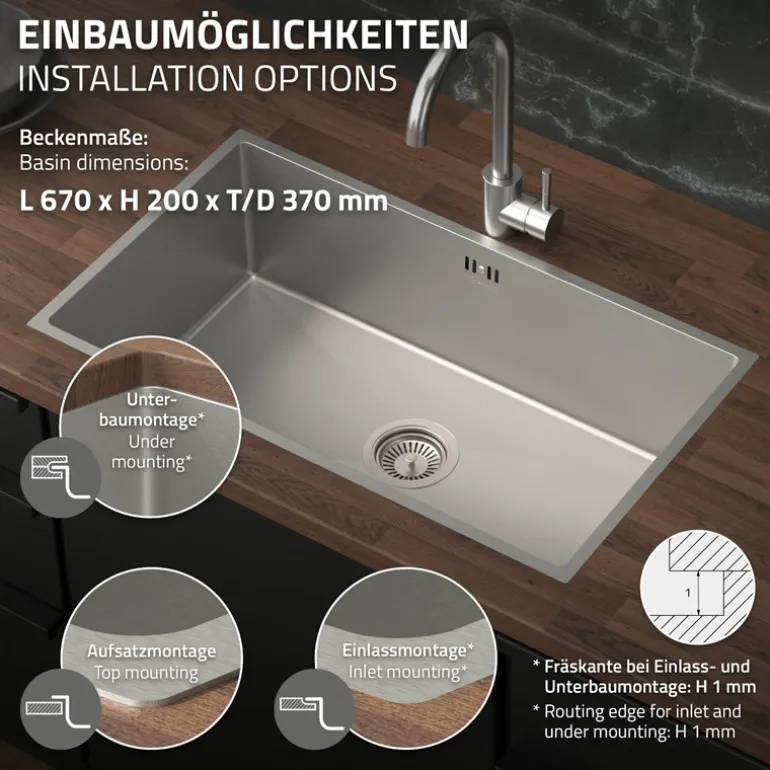 Einbauspüle 70x40 cm Silber mit Ablaufgarnitur und Überlauf aus Edelstahl ML-Design