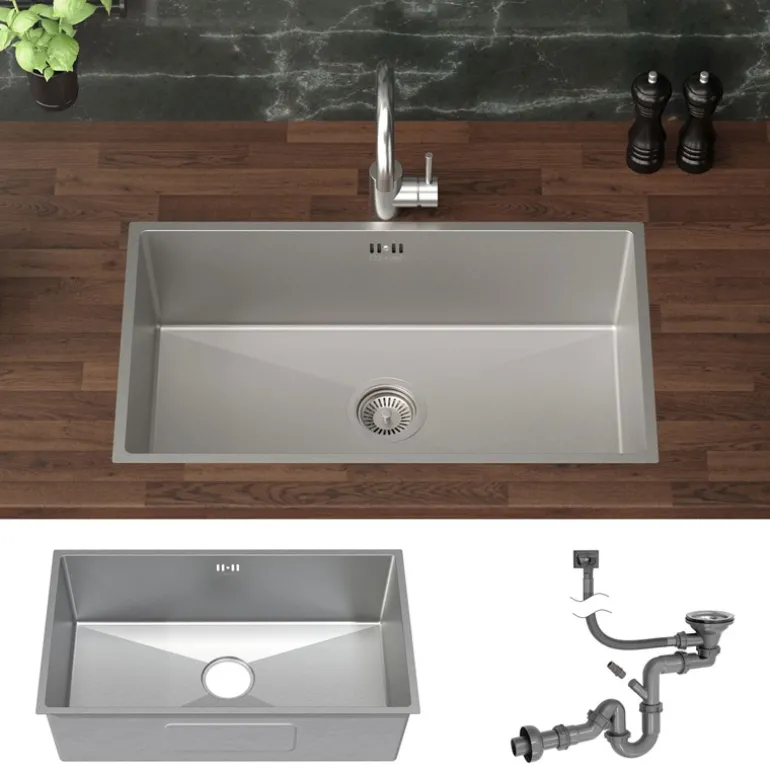 Einbauspüle 70x40 cm Silber mit Ablaufgarnitur und Überlauf aus Edelstahl ML-Design
