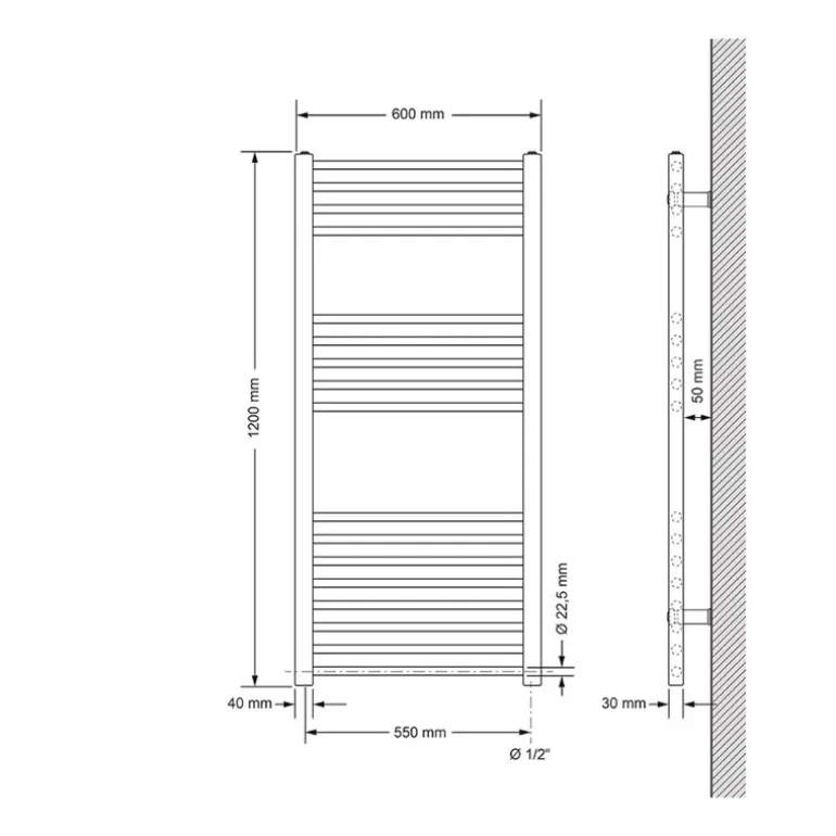 Elektrischer Badheizkörper mit Heizstab 1200W 600x1200 mm Chrome gerade mit Seitenanschluss LuxeBath