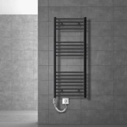 Elektrischer Badheizkörper mit Heizstab 1200W 500x1200 mm Anthrazit gebogen Seitenanschluss & Thermostat Digitalanzeige LuxeBath