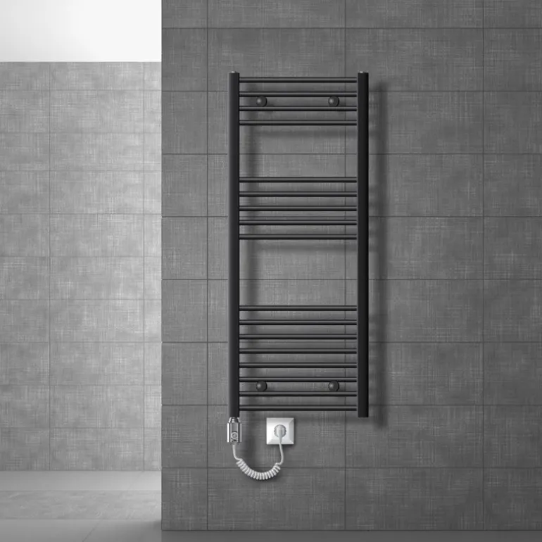 Elektrischer Badheizkörper mit Heizstab 1200W 500x1200 mm Anthrazit gebogen Seitenanschluss & Thermostat Digitalanzeige LuxeBath