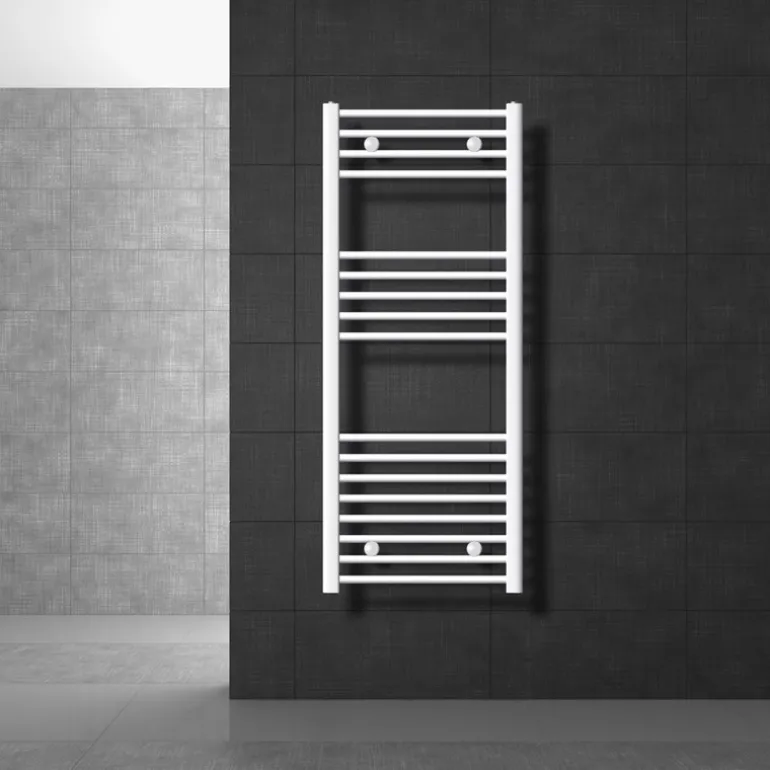 Elektrischer Badheizkörper mit Heizstab 1200W 500x1200 mm Weiß gebogen mit Seitenanschluss & Thermostat Digitalanzeige LuxeBath