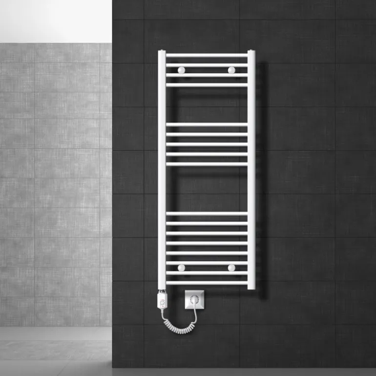 Elektrischer Badheizkörper mit Heizstab 1200W 500x1200 mm Weiß gebogen mit Seitenanschluss LuxeBath