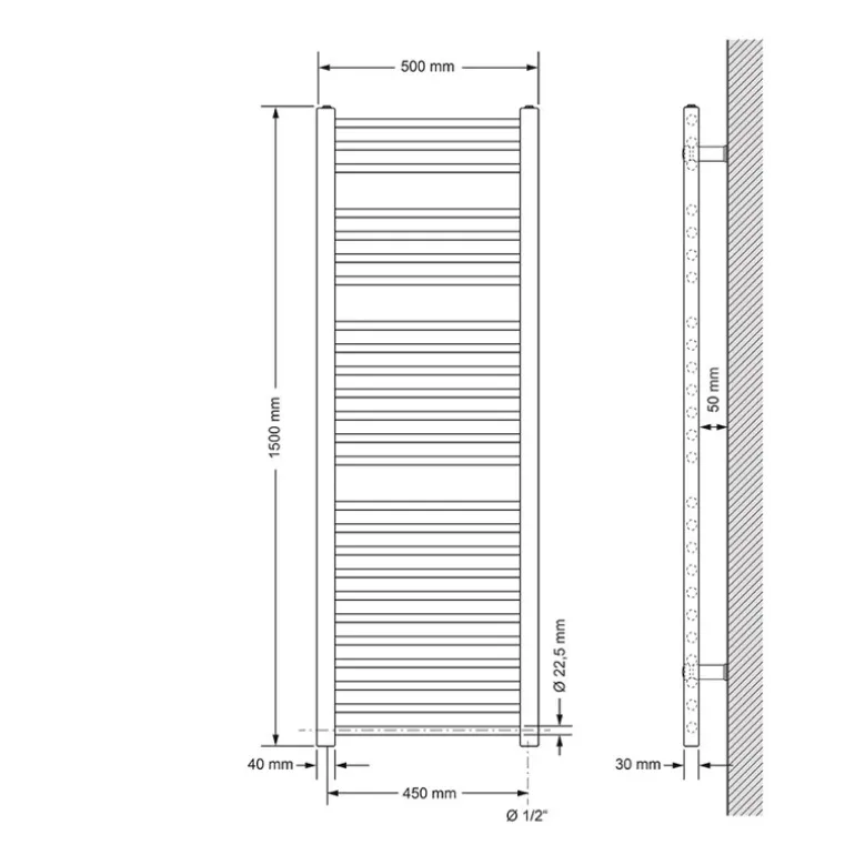 Elektrischer Badheizkörper mit Heizstab 1200W 500x1500 mm Anthrazit gerade mit Seitenanschluss & Thermostat Digitalanzeige LuxeBath