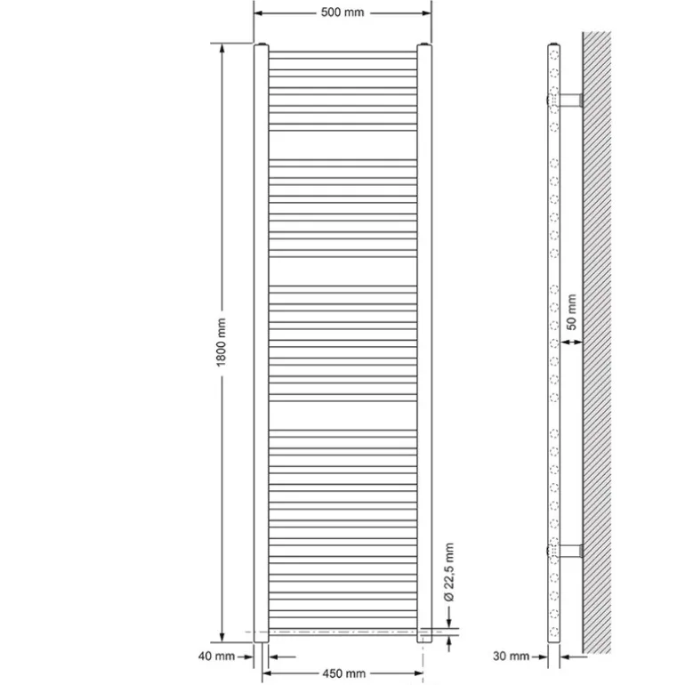 Elektrischer Badheizkörper mit Heizstab 1200W 500x1800 mm Anthrazit gerade mit Seitenanschluss & Thermostat Digitalanzeige LuxeBath