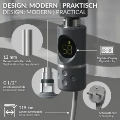 Elektrischer Badheizkörper mit Heizstab 1200W 500x1800 mm Anthrazit gerade mit Seitenanschluss & Thermostat Digitalanzeige LuxeBath