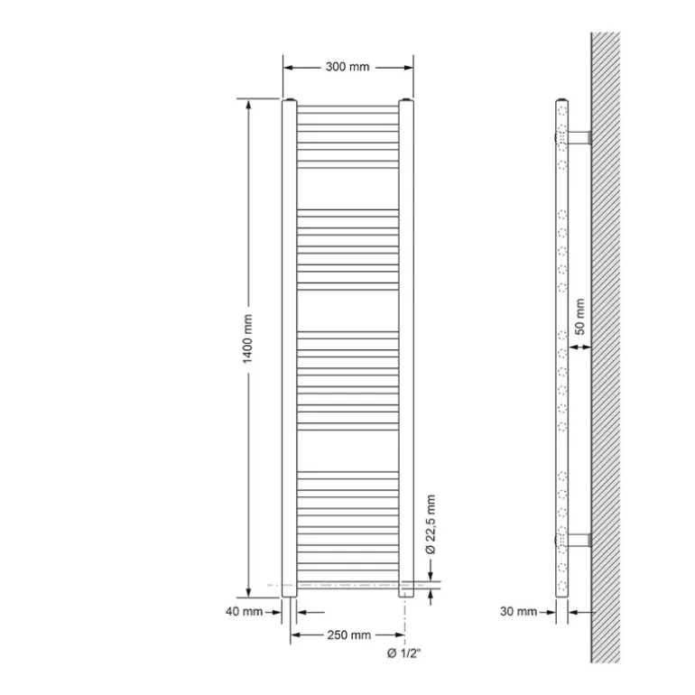 Elektrischer Badheizkörper mit Heizstab 1200W 300x1400 mm Anthrazit gerade mit Seitenanschluss LuxeBath