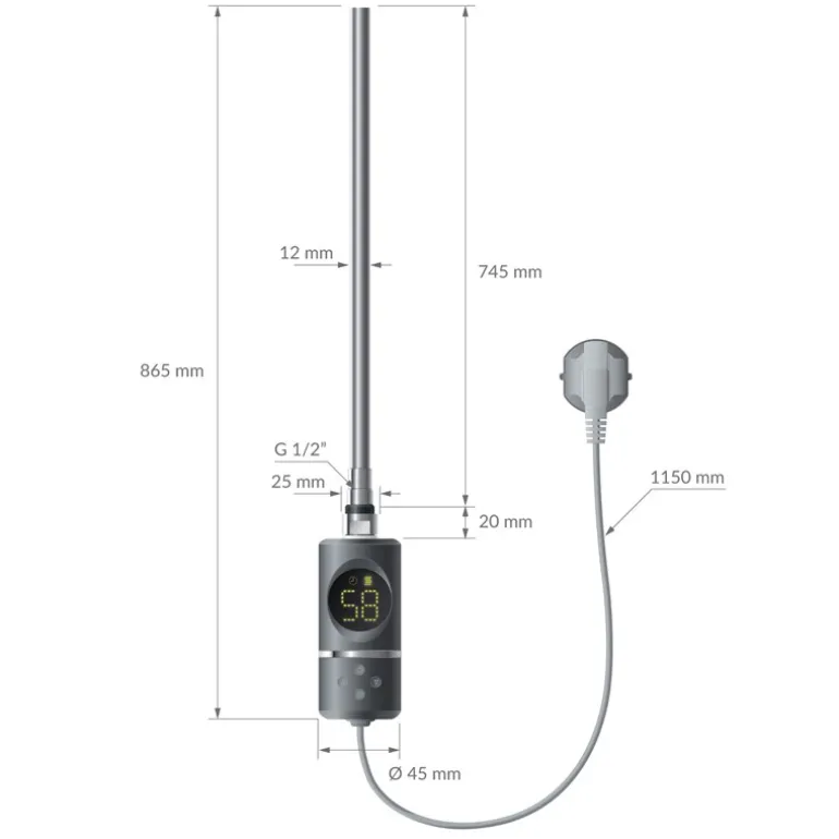 Elektrischer Badheizkörper mit Heizstab 1200W 600x1200 mm Anthrazit gerade Seitenanschluss & Thermostat LuxeBath