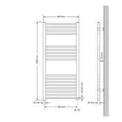Elektrischer Badheizkörper mit Heizstab 1200W 600x1200 mm Chrome gerade mit Seitenanschluss LuxeBath