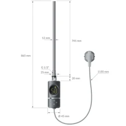 Elektrischer Badheizkörper mit Heizstab 1200W 400x1200 mm Anthrazit gerade Seitenanschluss & Thermostat Digitalanzeige LuxeBath