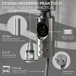 Elektrischer Badheizkörper mit Heizstab 1200W 400x1200 mm Chrome gerade Seitenanschluss & Thermostat Digitalanzeige LuxeBath