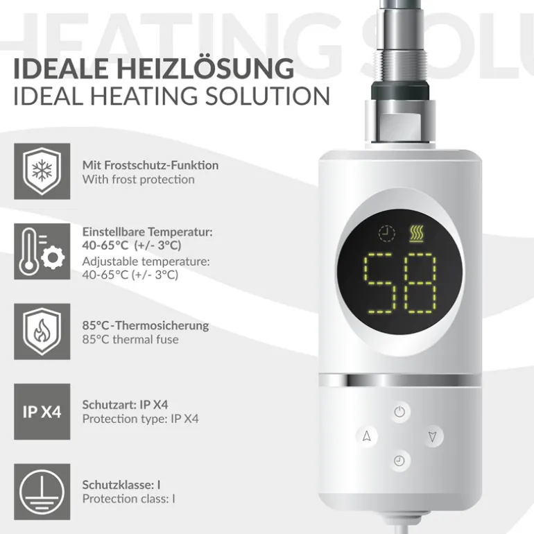 Elektrischer Badheizkörper mit Heizstab 1200W 400x1200 mm Weiß gebogen Seitenanschluss & Thermostat Digitalanzeige LuxeBath