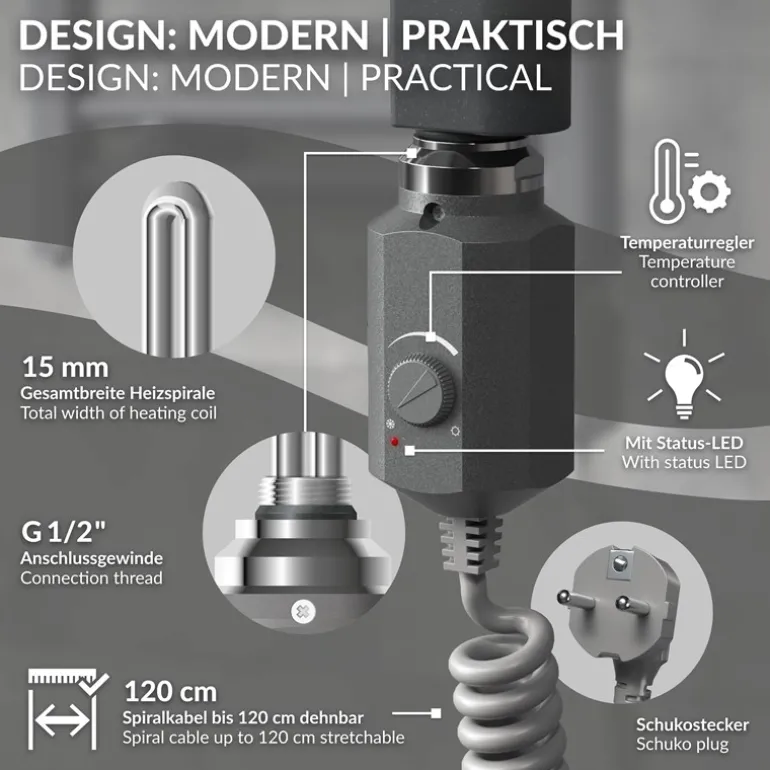 Elektrischer Badheizkörper mit Heizstab 1200W 400x1500 mm Anthrazit gebogen mit Seitenanschluss LuxeBath