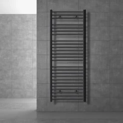 Elektrischer Badheizkörper mit Heizstab 1200W 600x1500 mm Anthrazit gebogen Seitenanschluss & Thermostat Digitalanzeige LuxeBath