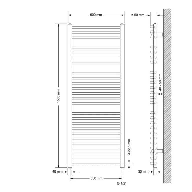 Elektrischer Badheizkörper mit Heizstab 1200W 600x1500 mm Anthrazit gebogen Seitenanschluss & Thermostat Digitalanzeige LuxeBath