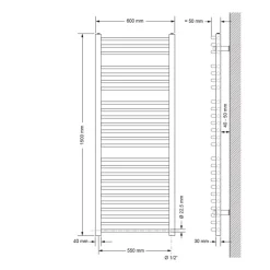 Elektrischer Badheizkörper mit Heizstab 1200W 600x1500 mm Weiß gebogen Seitenanschluss & Thermostat Digitalanzeige LuxeBath