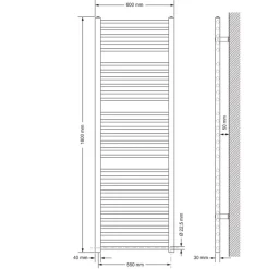 Elektrischer Badheizkörper mit Heizstab 1200W 600x1800 mm Anthrazit gerade mit Seitenanschluss LuxeBath