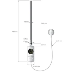 Elektrischer Badheizkörper mit Heizstab 300W 300x800 mm Weiß gerade Seitenanschluss & Thermostat Digitalanzeige LuxeBath