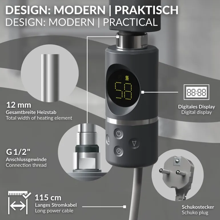 Elektrischer Badheizkörper mit Heizstab 300W 400x800 mm Anthrazit gebogen mit Seitenanschluss & Thermostat Digitalanzeige LuxeBath