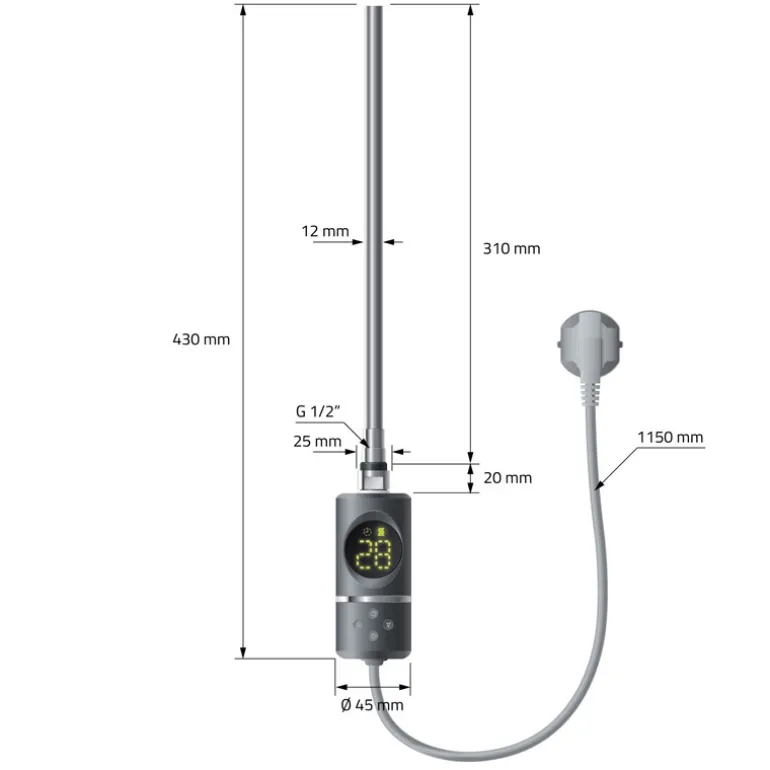 Elektrischer Badheizkörper mit Heizstab 300W 400x800 mm Anthrazit gebogen mit Seitenanschluss LuxeBath