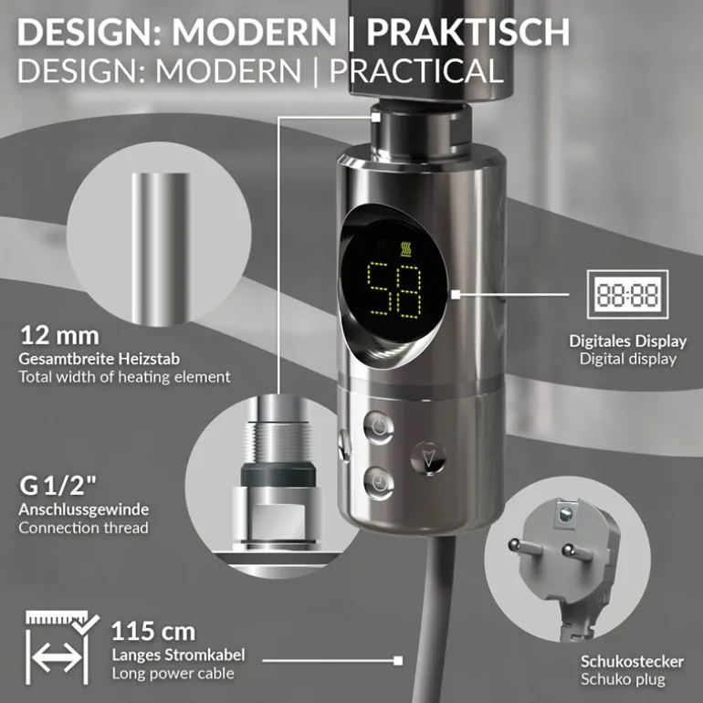 Elektrischer Badheizkörper mit Heizstab 300W 400x800 mm Chrome gerade mit Seitenanschluss & Thermostat Digitalanzeige LuxeBath