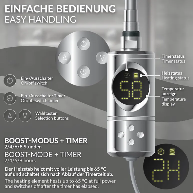 Elektrischer Badheizkörper mit Heizstab 300W 400x800 mm Chrome gerade mit Seitenanschluss & Thermostat Digitalanzeige LuxeBath