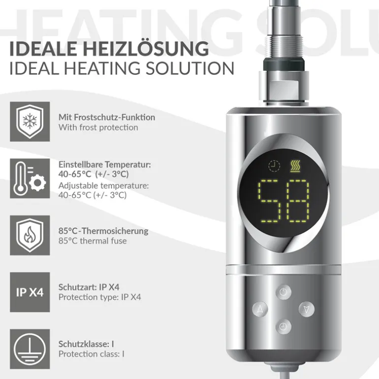 Elektrischer Badheizkörper mit Heizstab 300W 400x800 mm Chrome gerade mit Seitenanschluss & Thermostat Digitalanzeige LuxeBath