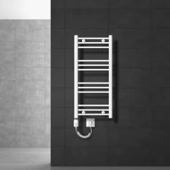 Elektrischer Badheizkörper mit Heizstab 300W 400x800 mm Weiß gebogen mit Seitenanschluss