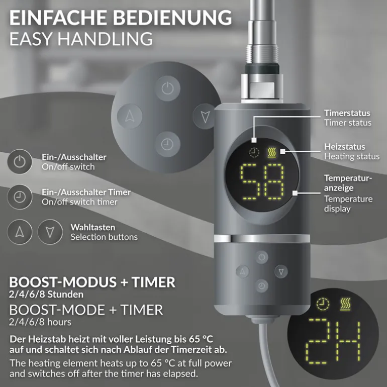 Elektrischer Badheizkörper mit Heizstab 300W 500x800 mm Anthrazit gerade Seitenanschluss & Thermostat LuxeBath