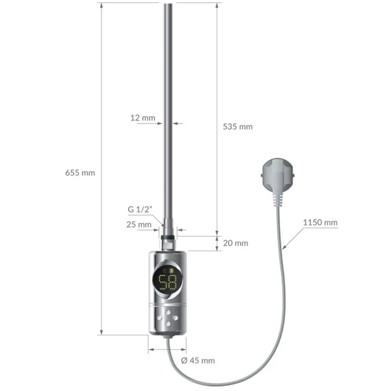 Elektrischer Badheizkörper mit Heizstab 600W 400x800 mm Chrome gerade mit Seitenanschluss & Thermostat Digitalanzeige LuxeBath