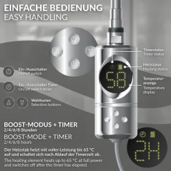 Elektrischer Badheizkörper mit Heizstab 600W 400x800 mm Chrome gerade mit Seitenanschluss & Thermostat Digitalanzeige LuxeBath
