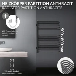 Elektrischer Badheizkörper mit Heizstab 300W 500x800 mm Anthrazit ML-Design