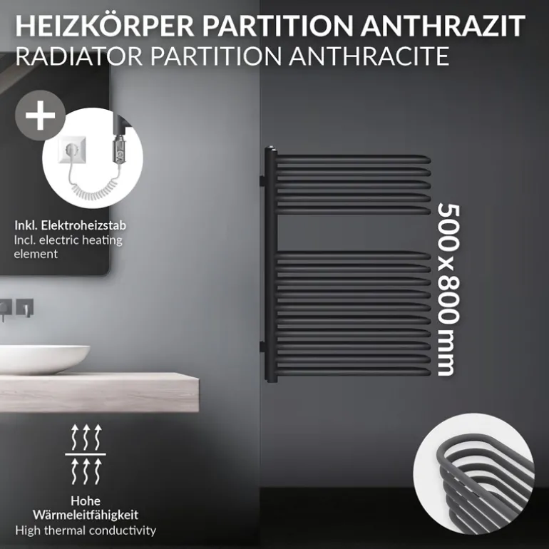 Elektrischer Badheizkörper mit Heizstab 300W 500x800 mm Anthrazit ML-Design