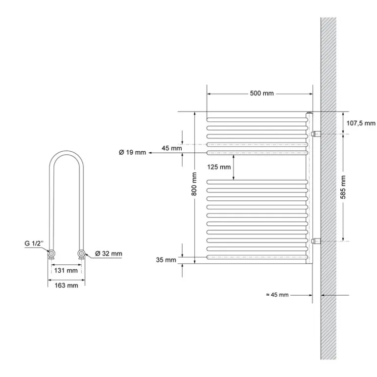 Elektrischer Badheizkörper mit Heizstab 300W 500x800 mm Anthrazit ML-Design