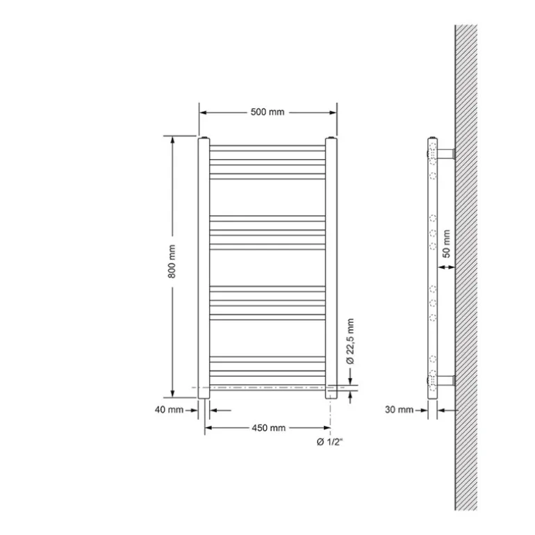 Elektrischer Badheizkörper mit Heizstab 300W 500x800 mm Chrome gerade Seitenanschluss & Thermostat Digitalanzeige LuxeBath