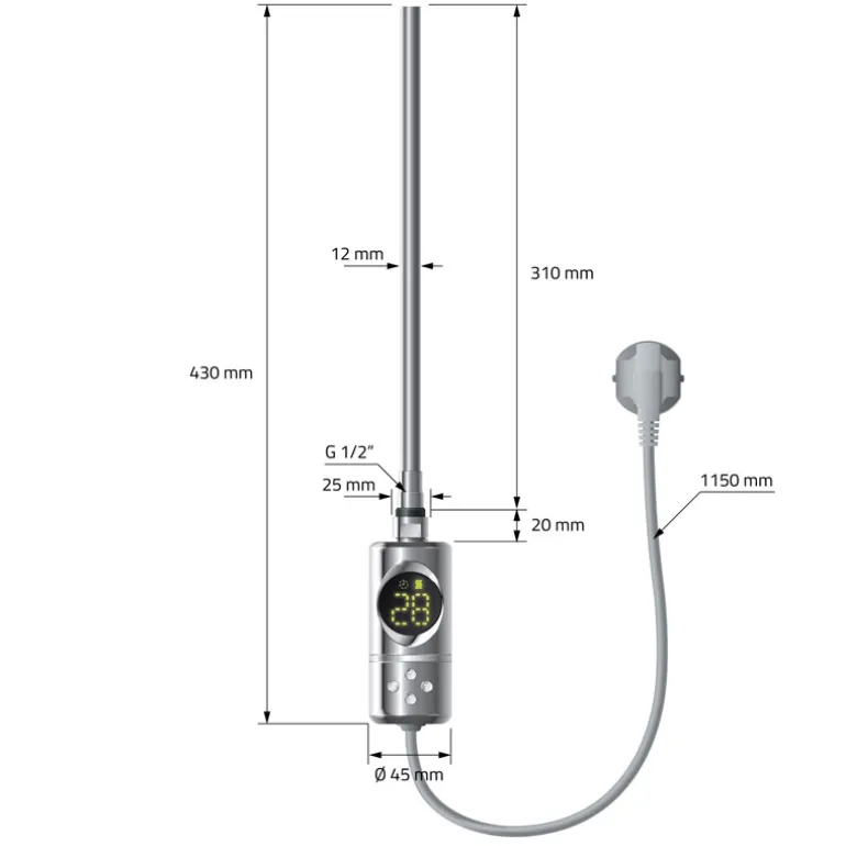 Elektrischer Badheizkörper mit Heizstab 300W 500x800 mm Chrome gerade Seitenanschluss & Thermostat Digitalanzeige LuxeBath