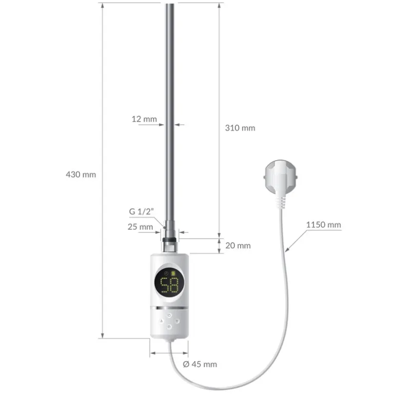 Elektrischer Badheizkörper mit Heizstab 300W 500x800 mm Weiß gebogen Seitenanschluss & Thermostat LuxeBath