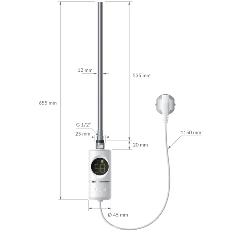 Elektrischer Badheizkörper mit Heizstab 600W 500x800 mm Weiß gerade Seitenanschluss & Thermostat LuxeBath