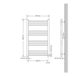 Elektrischer Badheizkörper mit Heizstab 300W 600x800 mm Weiß gerade Seitenanschluss & Thermostat Digitalanzeige LuxeBath
