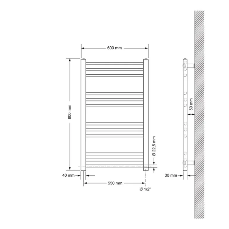 Elektrischer Badheizkörper mit Heizstab 300W 600x800 mm Weiß gerade Seitenanschluss & Thermostat Digitalanzeige LuxeBath