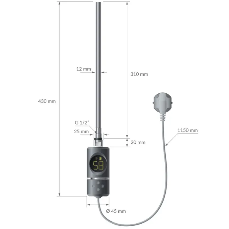 Elektrischer Badheizkörper mit Heizstab 300W 600x800 mm Weiß gerade Seitenanschluss & Thermostat Digitalanzeige LuxeBath