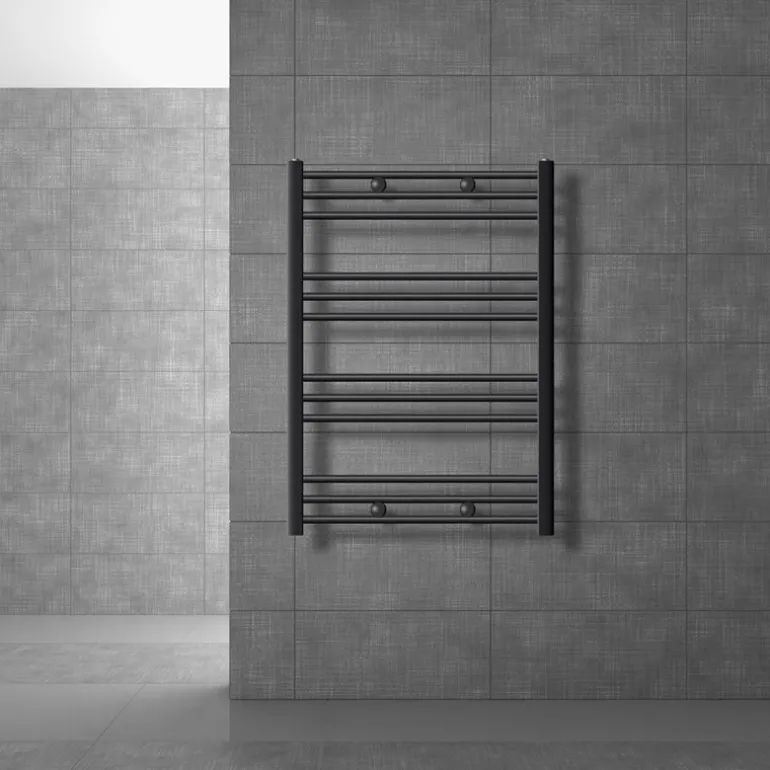Elektrischer Badheizkörper mit Heizstab 600W 750x800 mm Anthrazit gerade Seitenanschluss & Thermostat Digitalanzeige LuxeBath