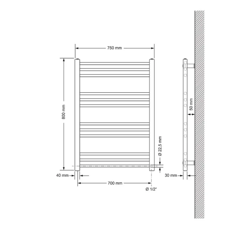 Elektrischer Badheizkörper mit Heizstab 600W 750x800 mm Anthrazit gerade Seitenanschluss & Thermostat Digitalanzeige LuxeBath