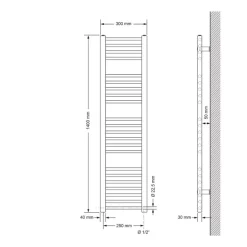Elektrischer Badheizkörper mit Heizstab 900W 300x1400 mm Weiß gerade Seitenanschluss & Thermostat Digitalanzeige LuxeBath