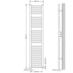 Elektrischer Badheizkörper mit Heizstab 900W 300x1800 mm Weiß gerade Seitenanschluss & Thermostat  LuxeBath
