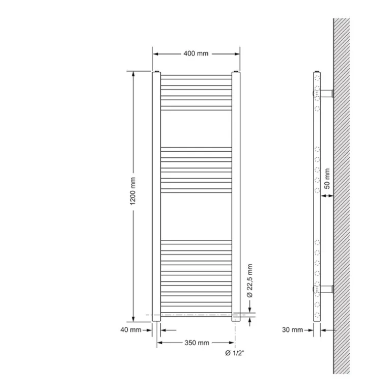 Elektrischer Badheizkörper mit Heizstab 900W 400x1200 mm Weiß gerade Seitenanschluss & Thermostat Digitalanzeige LuxeBath